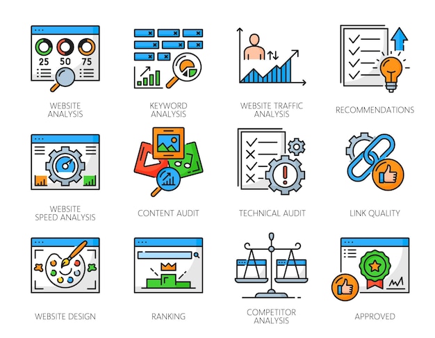 Iconos de auditoría web análisis del contenido del sitio web