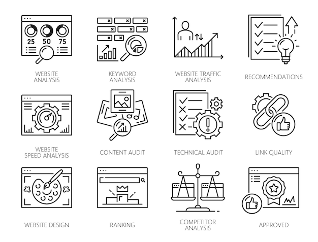 Iconos de auditoría web del análisis de SEO del sitio web