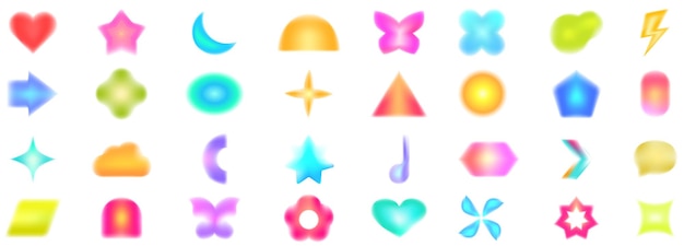 Iconos de aura del año 2000 conjunto de vectores de dibujos animados desenfoque borroso abstracto