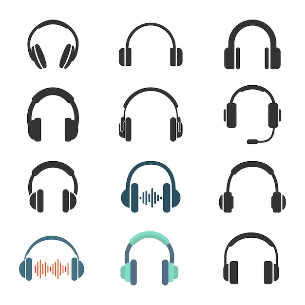 Los iconos de los auriculares se establecen en estilo plano Ilustración vectorial de auriculares en un fondo aislado Escucha el concepto de negocio de señales de música