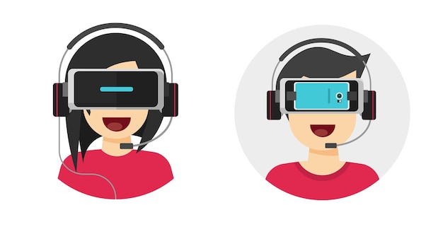 Iconos de auriculares vr o gafas de realidad virtual tecnología de teléfono celular caricatura plana en persona hombre feliz