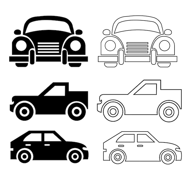 Iconos de automóviles antiguos silueta contorno ilustración de arte vectorial en fondo blanco viaje de vehículo