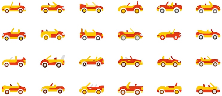 Vector iconos de automóviles descapotables amarillos y rojos conjunto vectorial de vehículos deportivos abiertos