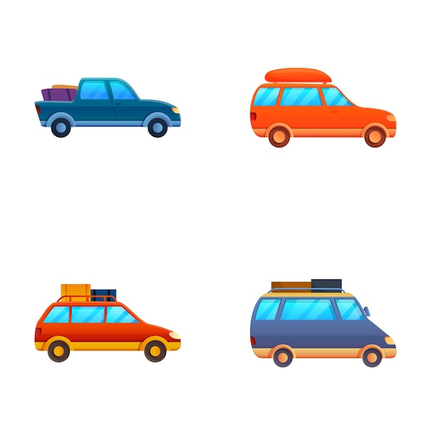 Iconos de automóviles de viaje conjunto de vectores de dibujos animados Van para viajes por carretera en verano Concepto de viajes de vacaciones de verano