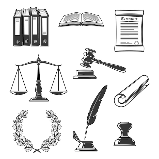 Vector iconos de autoridad judicial y justicia notarial