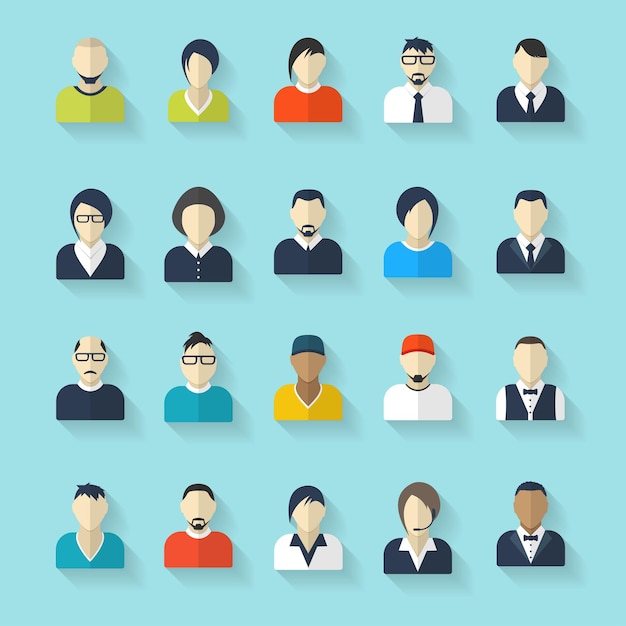 Iconos de avatar planos concepto de negocio comunicación global sitio web perfil de usuario red de medios sociales