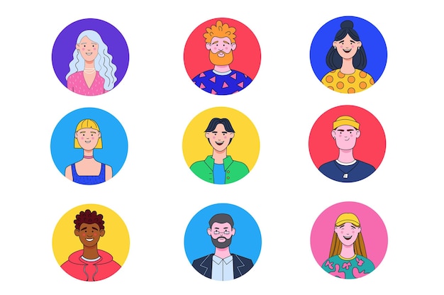 Iconos de avatares en el diseño de dibujos animados planos Imágenes coloridas de avatares con jóvenes