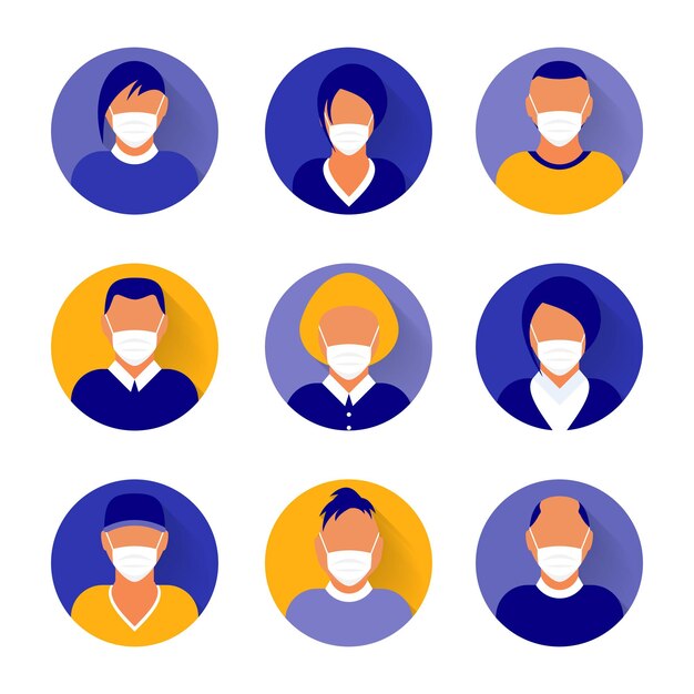 Iconos de avatares mínimos modernos planos con concepto de negocio de máscara médica sitio web de comunicación global