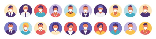Iconos de avatares mínimos modernos planos con máscara médica Concepto de negocio Comunicación global Perfil de usuario del sitio web Elementos de la red de redes sociales