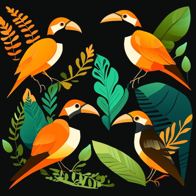 Vector iconos de aves amazónicas de estilo plano