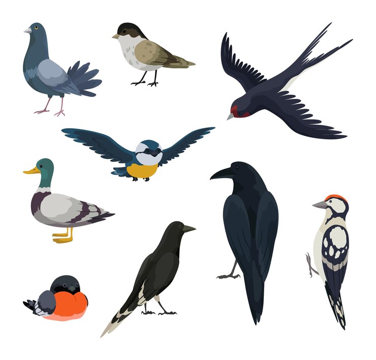 Vector los íconos de las aves de la ciudad establecen aves europeas coloridas, personajes de animales alados, aves en diferentes poses.