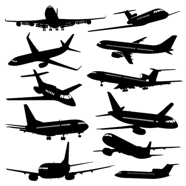 Iconos de aviación de vuelo, siluetas de avión negro