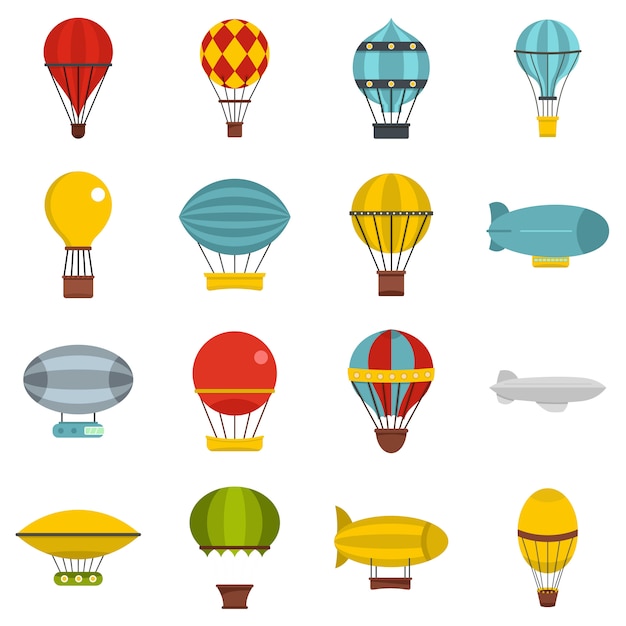 Iconos de aviones globos retro en estilo plano