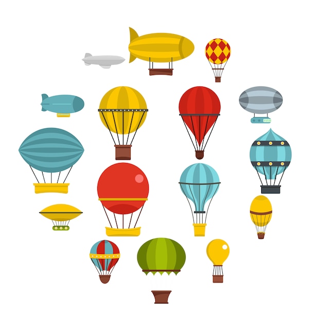 Iconos de aviones globos retro en estilo plano