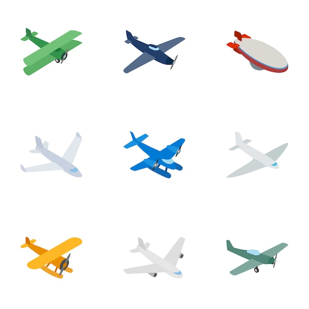 Iconos de aviones, isométrica estilo 3d