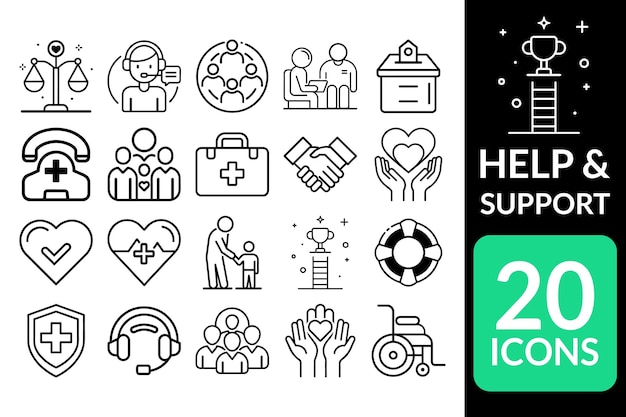 Iconos de ayuda y apoyo minimalistas 20 diseños de esquema para asistencia de atención y necesidades de salud