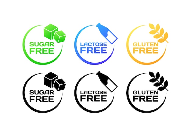 Iconos sin azúcar, lactosa y gluten Iconos de color plano de cubitos de azúcar botellas de leche Iconos sin trigo Iconos vectoriales