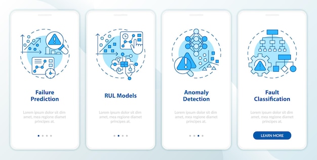 Iconos azules 2D que representan la pantalla de la aplicación móvil de mantenimiento predictivo Instrucciones gráficas en 4 pasos con iconos de línea concepto de interfaz de usuario plantilla UX GUI