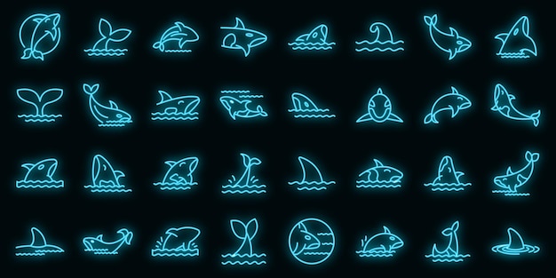 Iconos de ballena asesina establecer neón vectorial