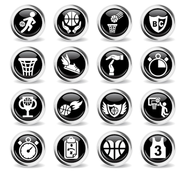 Iconos de baloncesto en botones negros redondos con anillo de metal