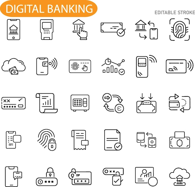 Iconos de banca digital Pagos móviles en cajeros automáticos Seguridad en línea