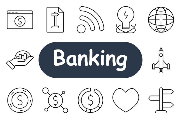 Iconos bancarios conjunto informe financiero podio internet idea mano cohete con gráfico red de monedas dirección amor Iconos cubren finanzas banca innovación y crecimiento