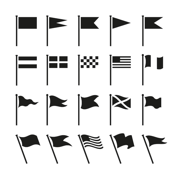 Iconos de bandera Icono de banderín de banderas aisladas negras Elementos de asta de bandera simples símbolos nacionales o signo de carrera Marca de punto de ubicación conjunto de vectores ordenados