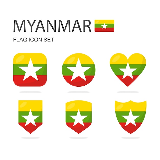 Iconos de la bandera de Myanmar en 3D de 6 formas todos aislados en fondo blanco
