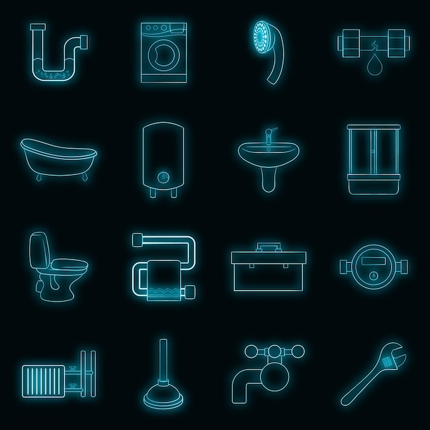 Iconos de baño ambientados en estilo neón. Ilustración de vector de colección de conjunto de servicio de plomería