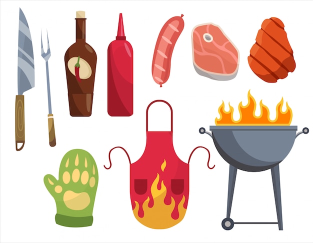 Iconos de barbacoa. Conjunto de elementos para asar a la parrilla. Parrilla BBQ de carne, vid, guantes, tenedor. Todo está listo para una fiesta familiar.