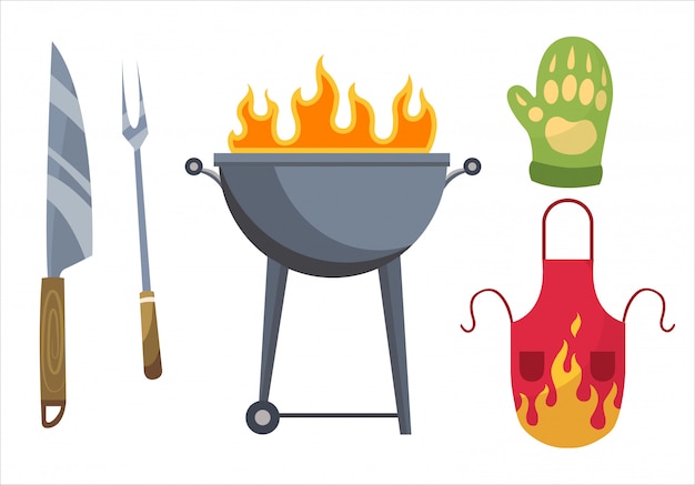 Iconos de barbacoa Conjunto de elementos para asar a la parrilla. Parrilla, guantes, tenedor, cuchillo y delantal. Todo está listo para una fiesta familiar.
