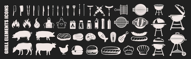 Iconos de barbacoa y parrilla Colección de emblemas de carnicería Diseño de silueta de símbolo de barbacoa o barbacoa Ilustración vectorial