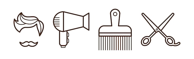 Iconos de barbería y peluquería de línea y conjunto de vectores de objetos