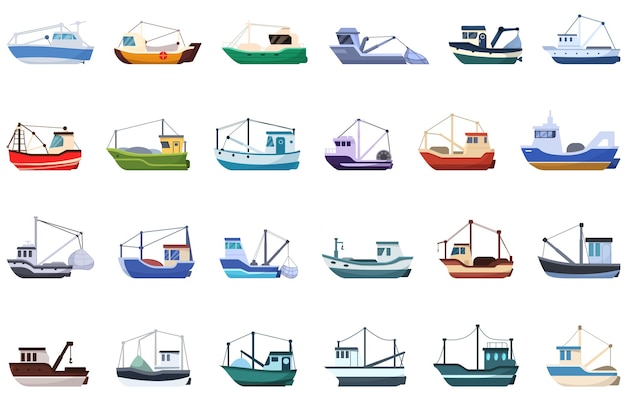 Los iconos de los barcos de pesca se establecen en el vector de dibujos animados.