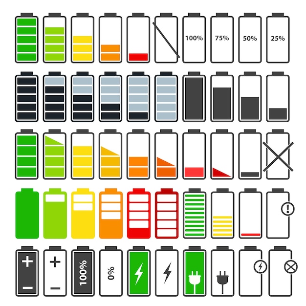 Iconos de barra indicadores del nivel de carga de la batería completamente vacíos o cargando en blanco para el vector de stock de diseño