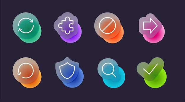 Iconos básicos establecidos en estilo glassmorphic sobre fondo oscuro. Iconos de efecto de cristal de desenfoque transparente. vecto