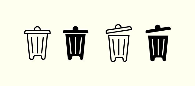 Iconos de la basura cerrados abiertos cuatro estilos de contorno negro