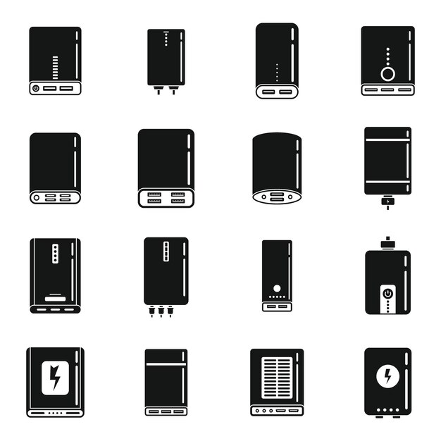 Los iconos de la batería del banco de energía establecen un vector simple. Banco acumulador. Cargador externo