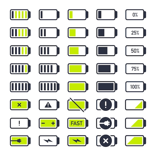 Iconos de la batería del teléfono inteligente Indicadores de carga del teléfono móvil niveles de carga de la batería conjunto de ilustraciones vectoriales planas