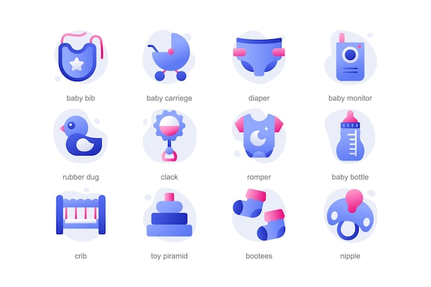 Iconos de bebés en un diseño de dibujos animados plano con colores azules. La imagen muestra todos los atributos que necesita un niño pequeño, como juguetes, ropa pequeña. Ilustración vectorial.