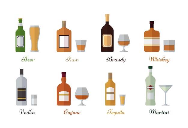 Iconos de bebidas alcohólicas Conjunto de botellas y vasos de alcohol Bebidas en diseño plano
