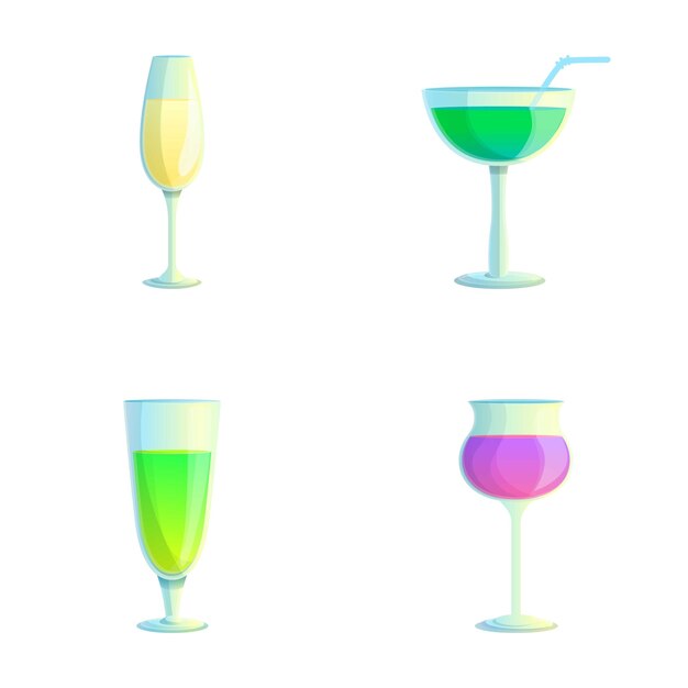 Iconos de bebidas alcohólicas establecidos vector de dibujos animados Varios cócteles coloridos vacaciones de verano y concepto de fiesta en la playa