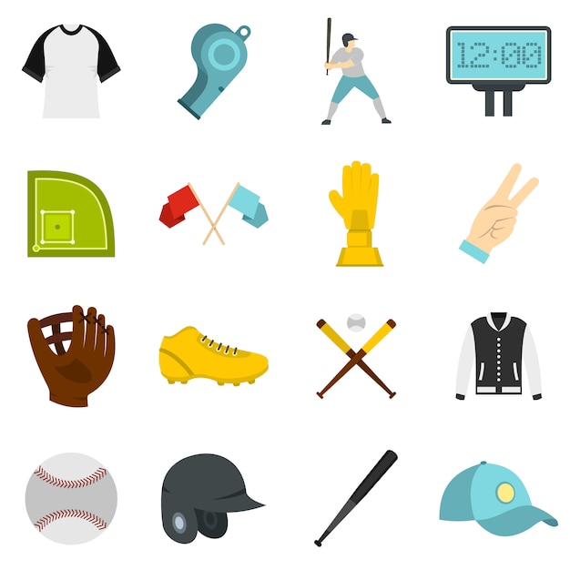 Iconos de béisbol en estilo plano