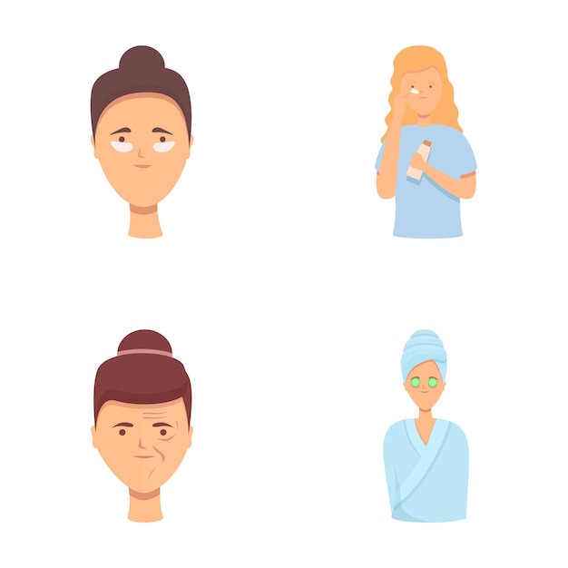 Iconos de belleza facial set vector de dibujos animados La mujer se ocupa de la piel de la cara