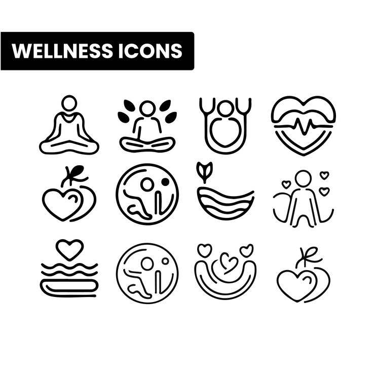 Iconos de bienestar minimalistas Meditación de salud Yoga y bienestar Conjunto de iconos de línea