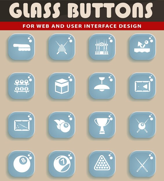 Iconos de billar en botones de vidrio para el diseño de la interfaz de usuario