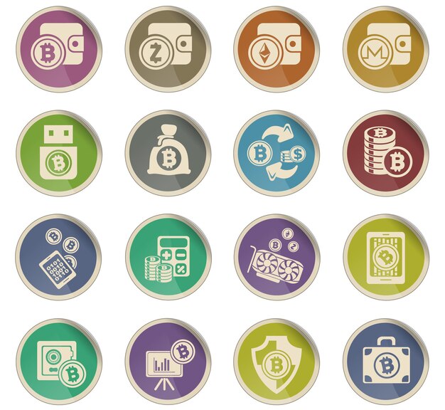 Iconos de Bitcoin y criptomonedas en forma de etiquetas de papel redondas