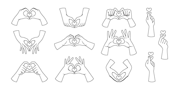 Iconos en blanco y negro con diferentes gestos de las manos que crean formas de corazón con símbolos de amor