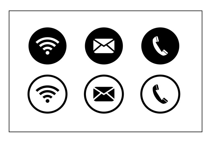 íconos en blanco y negro de teléfono wifi y correo electrónico