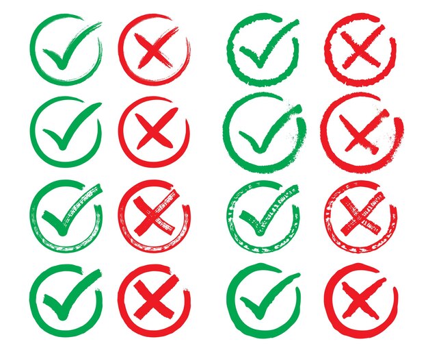 Iconos de boceto de círculo de colección de marcas de comprobación y signos de cruz dibujados a mano